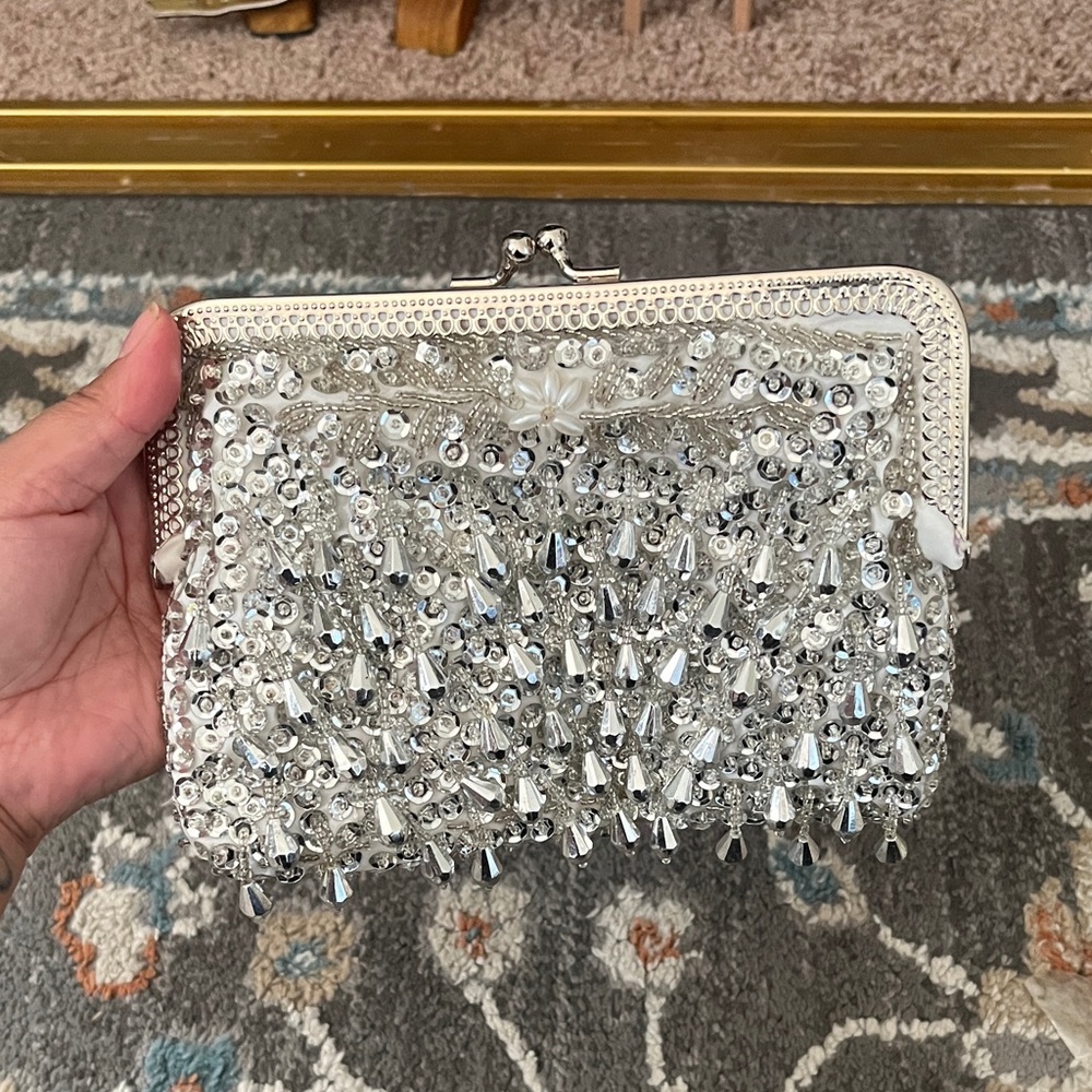 Glamorous Silver Beaded Wristlet